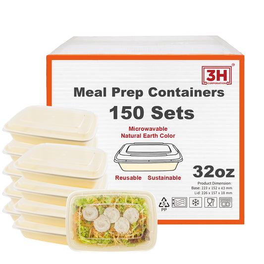 32 oz Meal Prep Containers with Lids (150 Sets, 300 Pics), Natural Beige