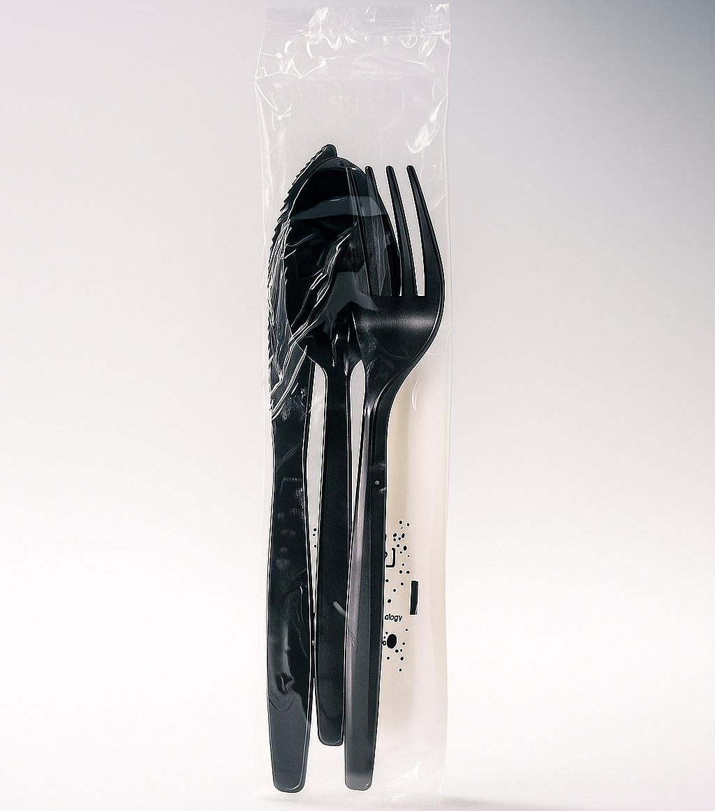 Black plastic cutlery set in a clear plastic bag on a white background