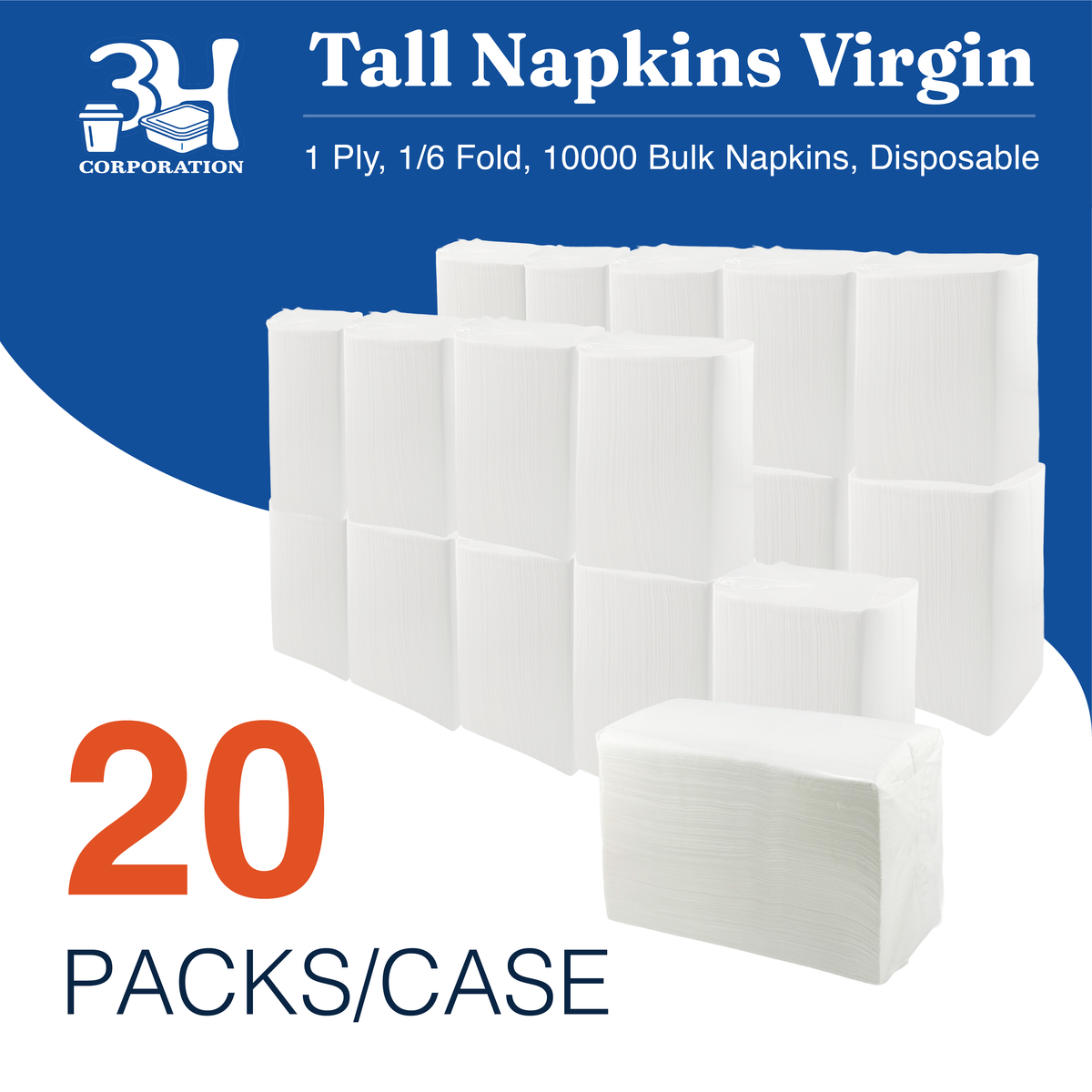 Tall-Fold White Paper Napkins, 10000 Count (20 Pack, 500/Pack) 1-Ply, 1/6 Fold, 6.3"×3.4" Folded, 12.6"×6.7" Unfolded, For Restaurant, Catering, Buffet & Café Refill