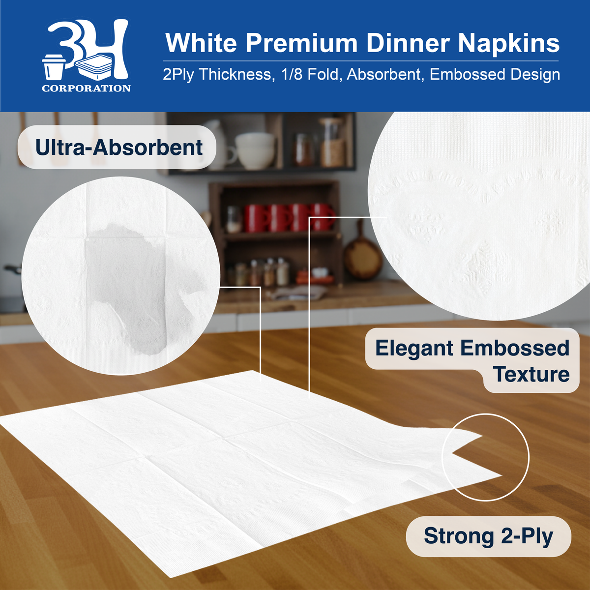 Premium White Dinner Napkins, 3000 Count(20 Pack, 150/Pack), 2-Ply, 1/8 Fold, 7.1" x 4.1" Folded, For Restaurant, Catering & Everyday Meal Refill