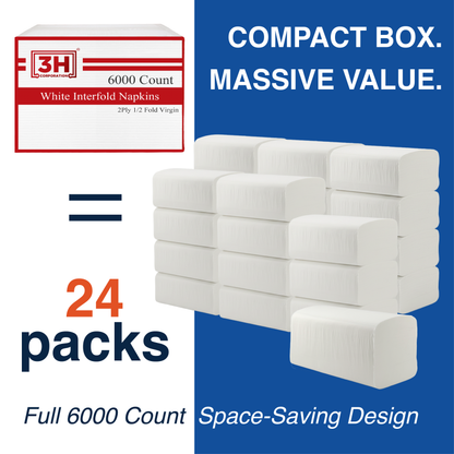 Interfold White Paper Napkins, 2-Ply 6000 Counts (24 Pack, 250/Pack), 6.3"×7.6" Unfolded, 6.3"x3.8" V-Folded, For Restaurants, Catering & Everyday Refill