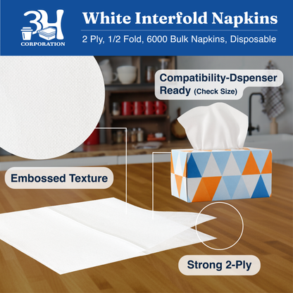 Interfold White Paper Napkins, 2-Ply 6000 Counts (24 Pack, 250/Pack), 6.3"×7.6" Unfolded, 6.3"x3.8" V-Folded, For Restaurants, Catering & Everyday Refill