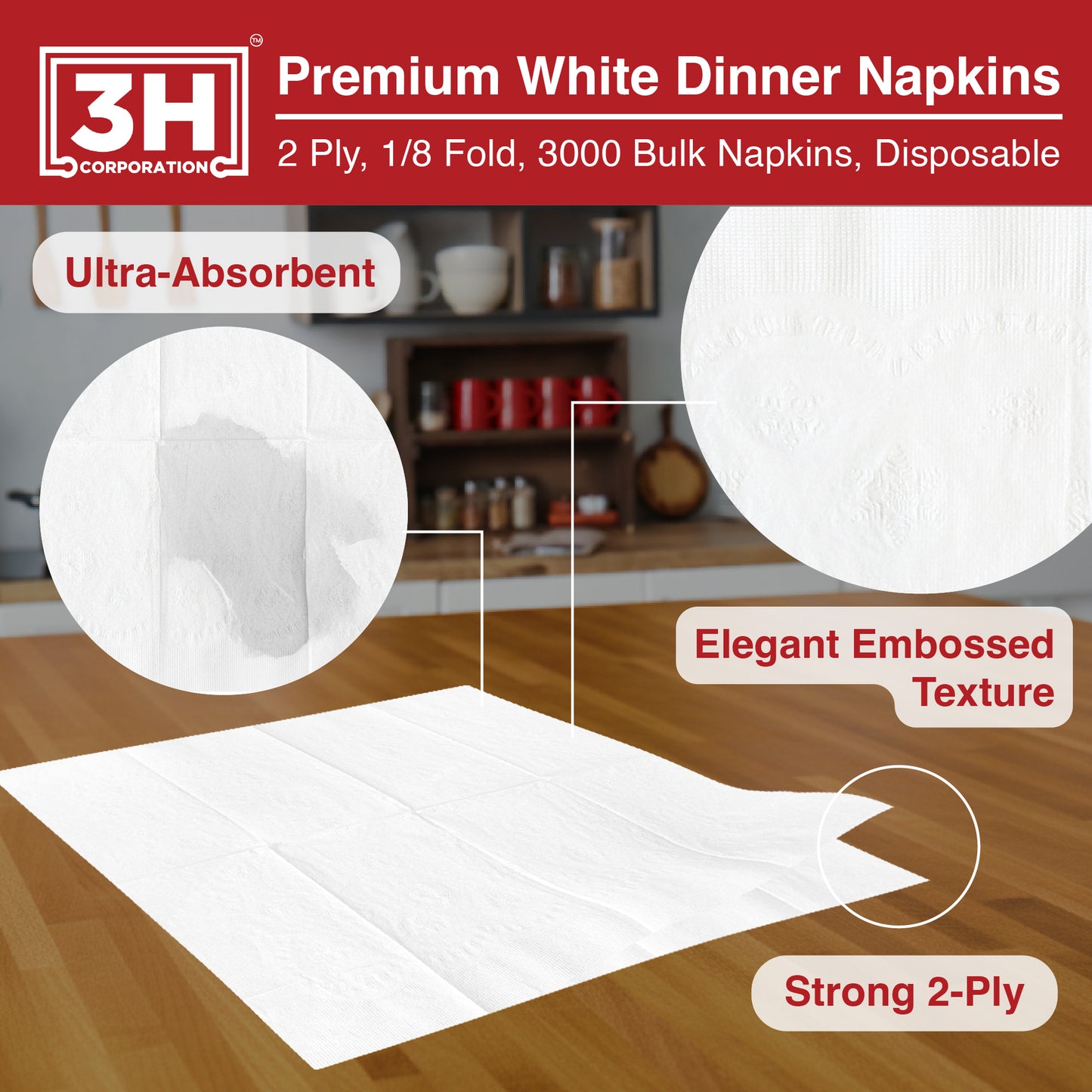 Premium White Dinner Napkins, 3000 Count(20 Pack, 150/Pack), 2-Ply, 1/8 Fold, 7.1" x 4.1" Folded, For Restaurant, Catering & Everyday Meal Refill