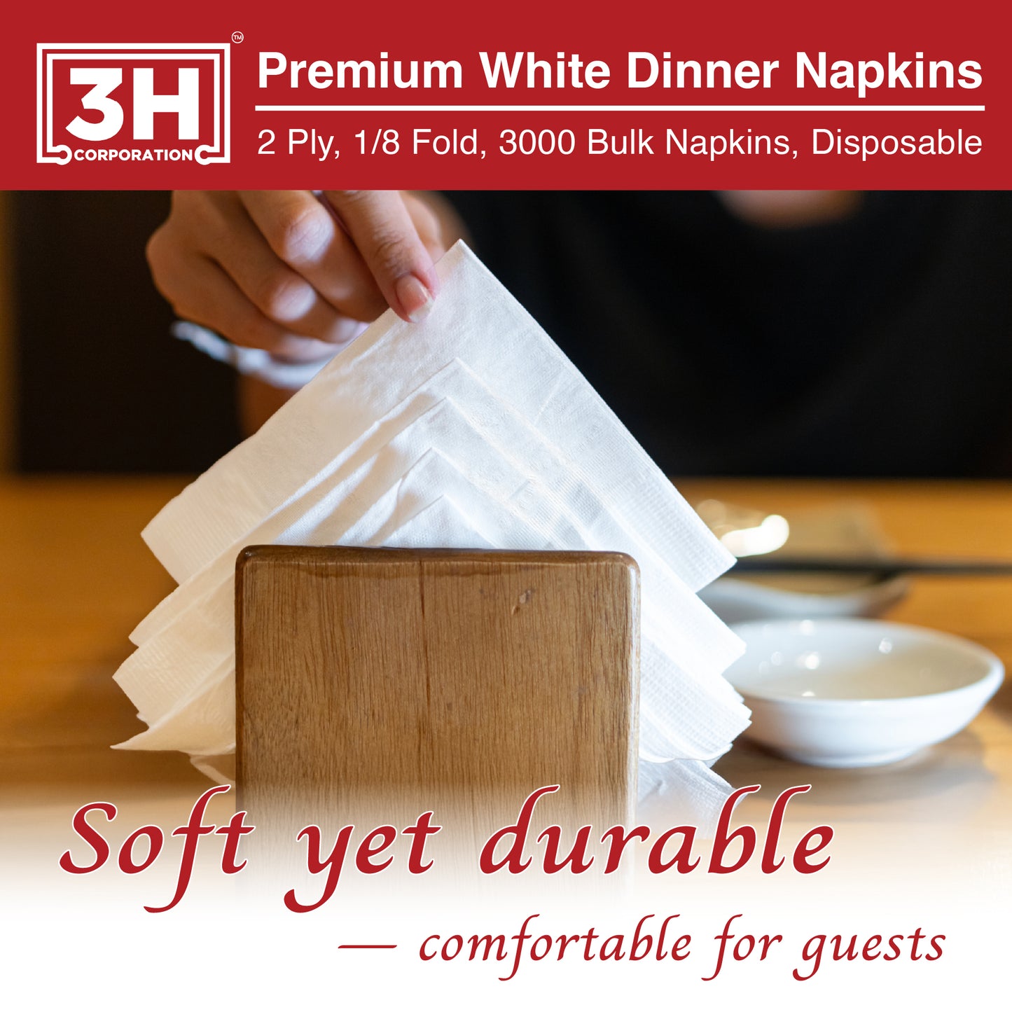 Premium White Dinner Napkins, 3000 Count(20 Pack, 150/Pack), 2-Ply, 1/8 Fold, 7.1" x 4.1" Folded, For Restaurant, Catering & Everyday Meal Refill