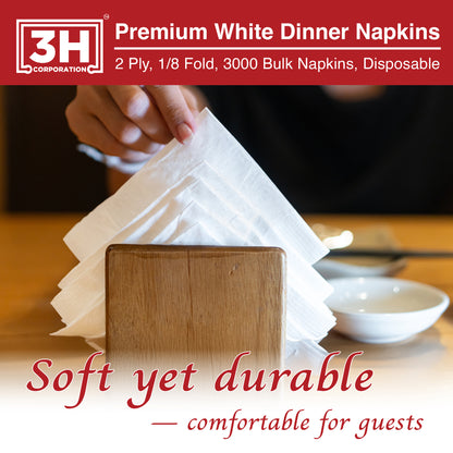Premium White Dinner Napkins, 3000 Count(20 Pack, 150/Pack), 2-Ply, 1/8 Fold, 7.1" x 4.1" Folded, For Restaurant, Catering & Everyday Meal Refill