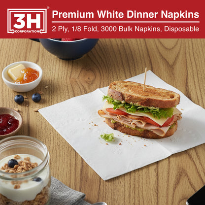 Disposable sandwich on a 3H branded napkin with breakfast items on a wooden table
