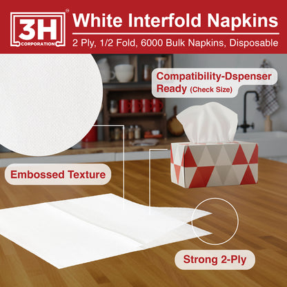 Interfold White Paper Napkins, 2-Ply 6000 Counts (24 Pack, 250/Pack), 6.3"×7.6" Unfolded, 6.3"x3.8" V-Folded, For Restaurants, Catering & Everyday Refill