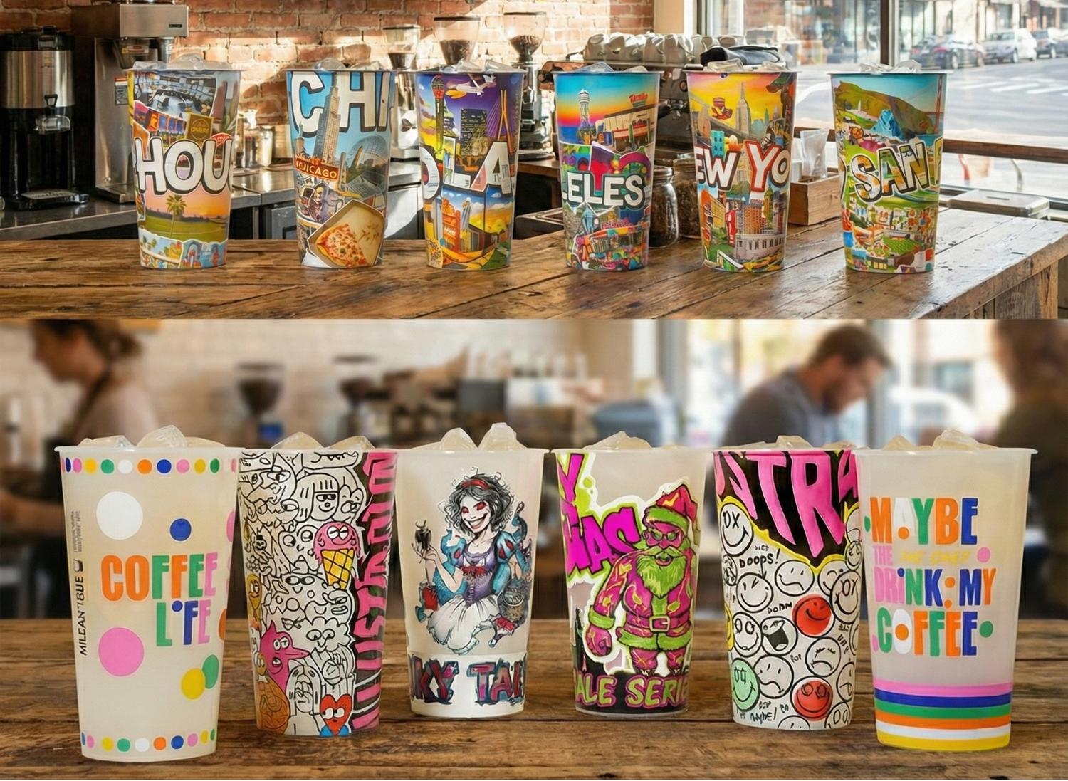 Custom Colorful coffee cups with various designs on a wooden table in a coffee shop.
