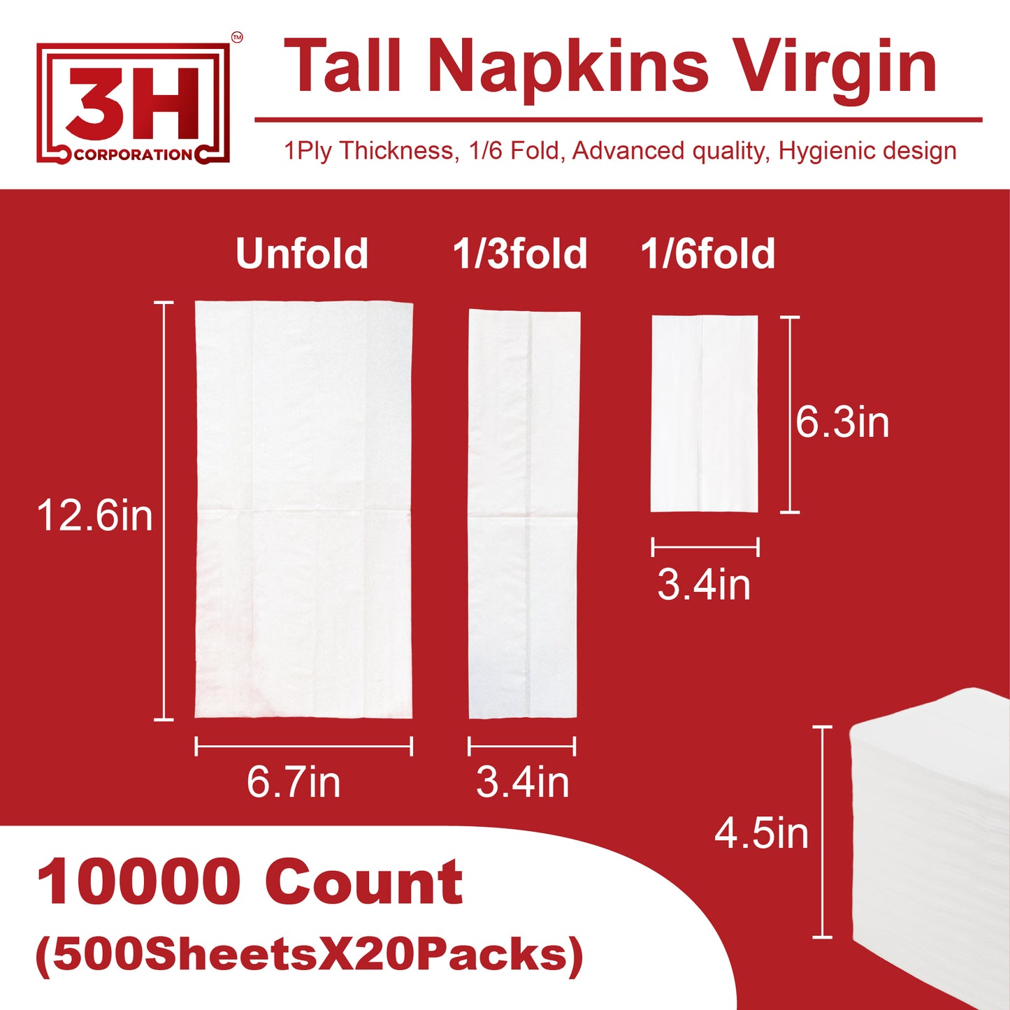 Tall-Fold White Paper Napkins, 10000 Count (20 Pack, 500/Pack) 1-Ply, 1/6 Fold, 6.3"×3.4" Folded, 12.6"×6.7" Unfolded, For Restaurant, Catering, Buffet & Café Refill