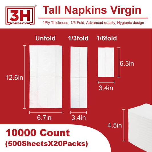 Tall-Fold White Paper Napkins, 10000 Count (20 Pack, 500/Pack) 1-Ply, 1/6 Fold, 6.3"×3.4" Folded, 12.6"×6.7" Unfolded, For Restaurant, Catering, Buffet & Café Refill