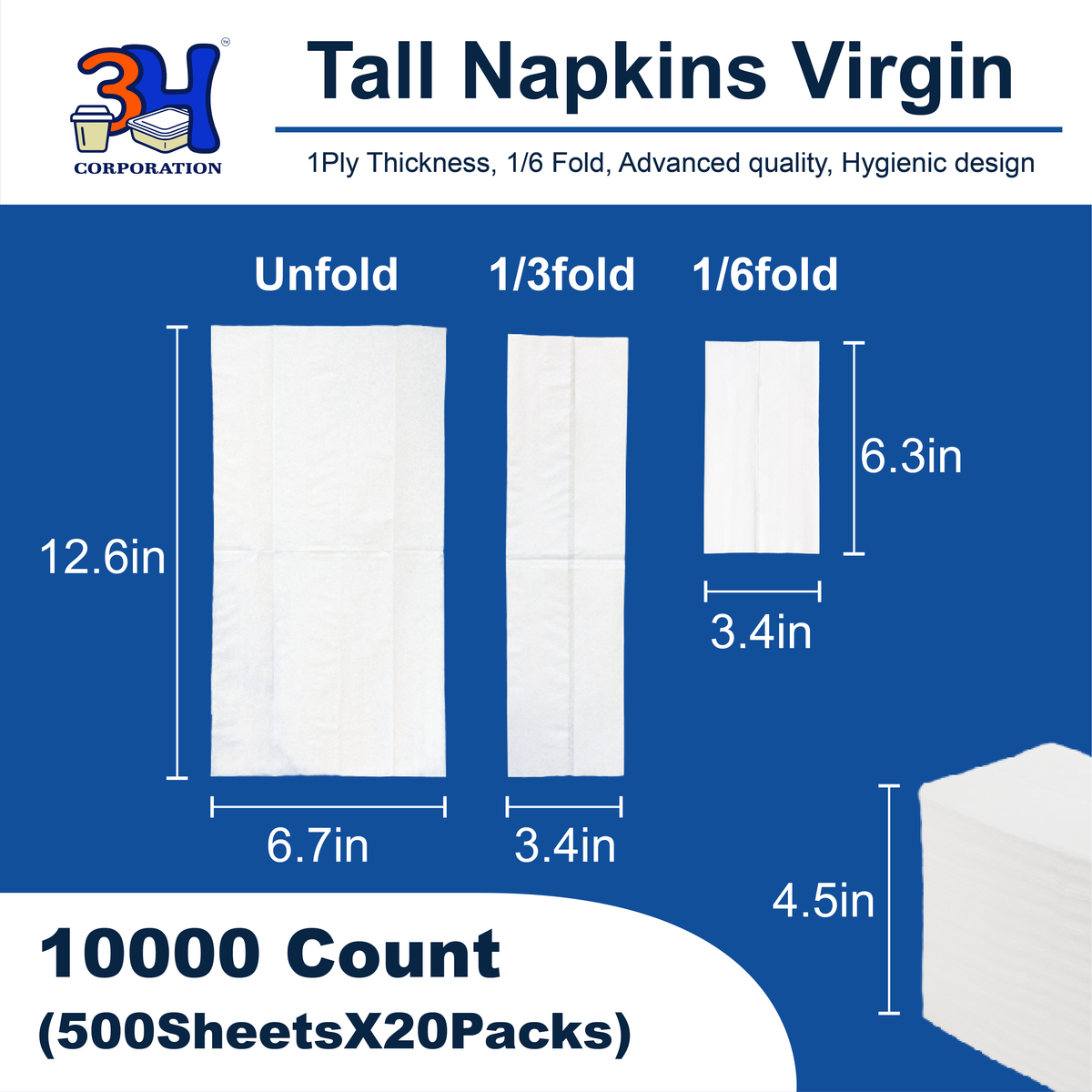 Tall-Fold White Paper Napkins, 10000 Count (20 Pack, 500/Pack) 1-Ply, 1/6 Fold, 6.3"×3.4" Folded, 12.6"×6.7" Unfolded, For Restaurant, Catering, Buffet & Café Refill