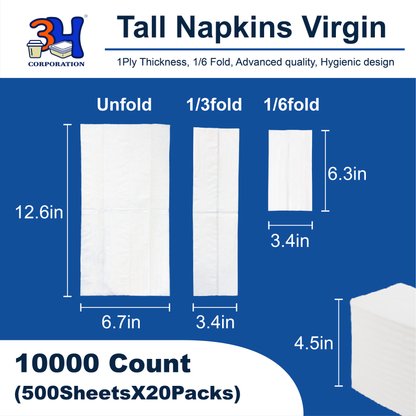 Tall-Fold White Paper Napkins, 10000 Count (20 Pack, 500/Pack) 1-Ply, 1/6 Fold, 6.3"×3.4" Folded, 12.6"×6.7" Unfolded, For Restaurant, Catering, Buffet & Café Refill