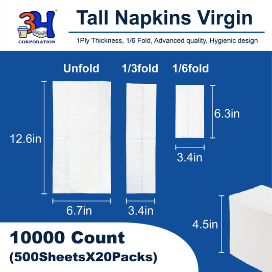 Tall-Fold White Paper Napkins, 10000 Count (20 Pack, 500/Pack) 1-Ply, 1/6 Fold, 6.3"×3.4" Folded, 12.6"×6.7" Unfolded, For Restaurant, Catering, Buffet & Café Refill