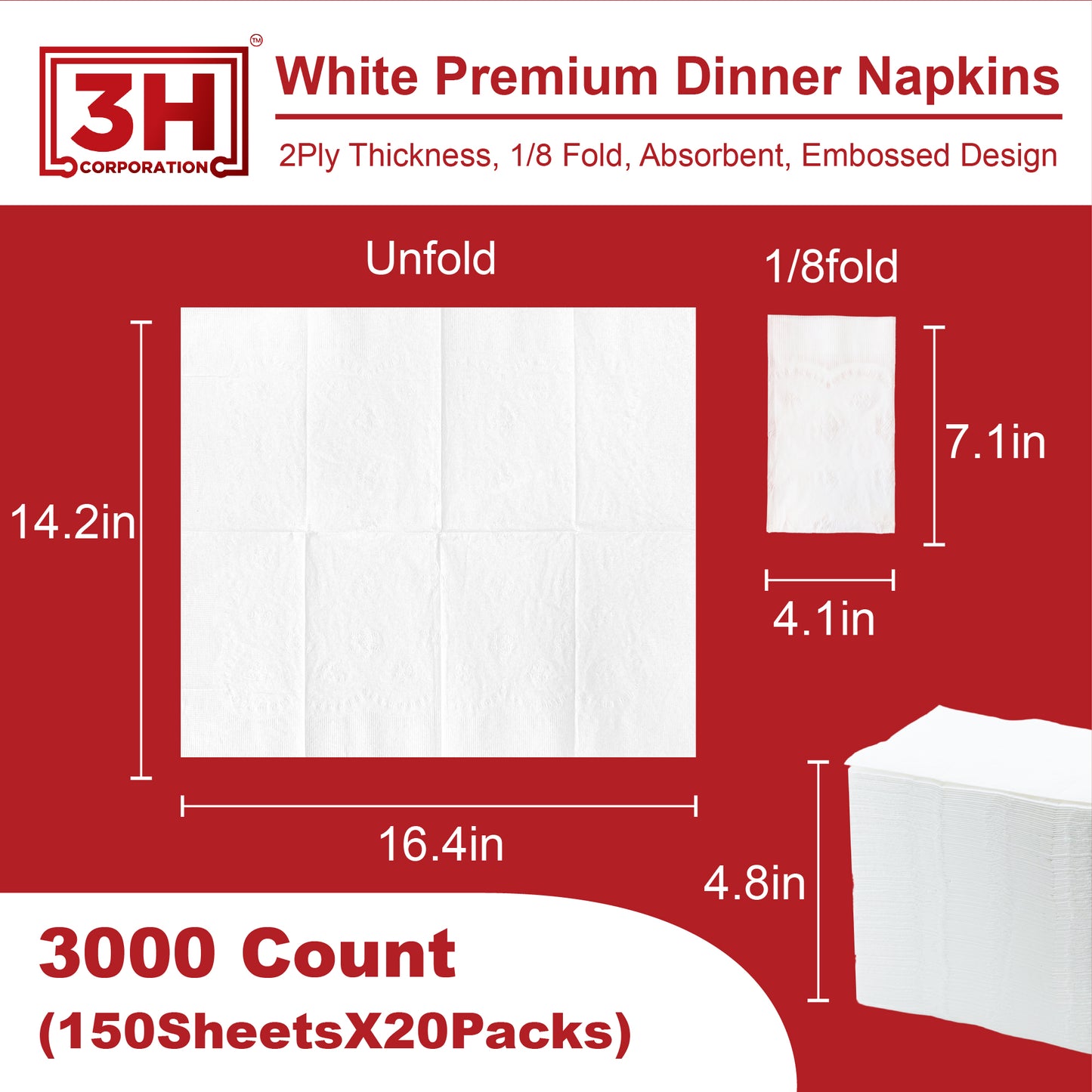 Premium White Dinner Napkins, 3000 Count(20 Pack, 150/Pack), 2-Ply, 1/8 Fold, 7.1" x 4.1" Folded, For Restaurant, Catering & Everyday Meal Refill