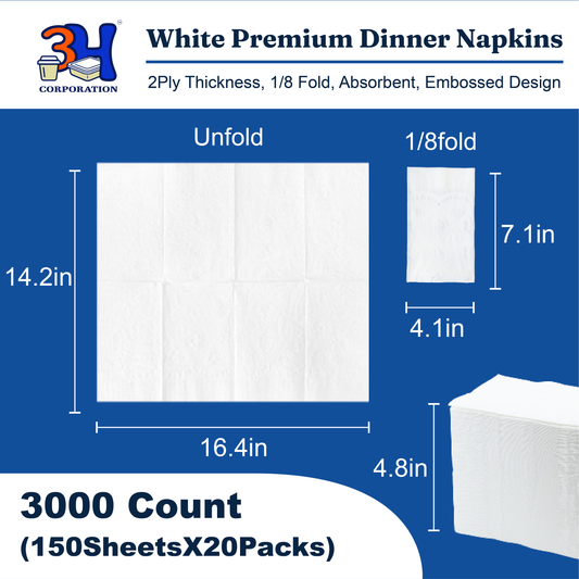 Premium White Dinner Napkins, 3000 Count(20 Pack, 150/Pack), 2-Ply, 1/8 Fold, 7.1" x 4.1" Folded, For Restaurant, Catering & Everyday Meal Refill