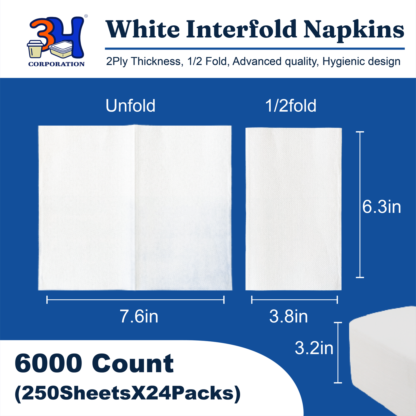 Interfold White Paper Napkins, 2-Ply 6000 Counts (24 Pack, 250/Pack), 6.3"×7.6" Unfolded, 6.3"x3.8" V-Folded, For Restaurants, Catering & Everyday Refill