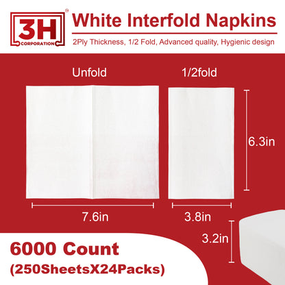 Interfold White Paper Napkins, 2-Ply 6000 Counts (24 Pack, 250/Pack), 6.3"×7.6" Unfolded, 6.3"x3.8" V-Folded, For Restaurants, Catering & Everyday Refill
