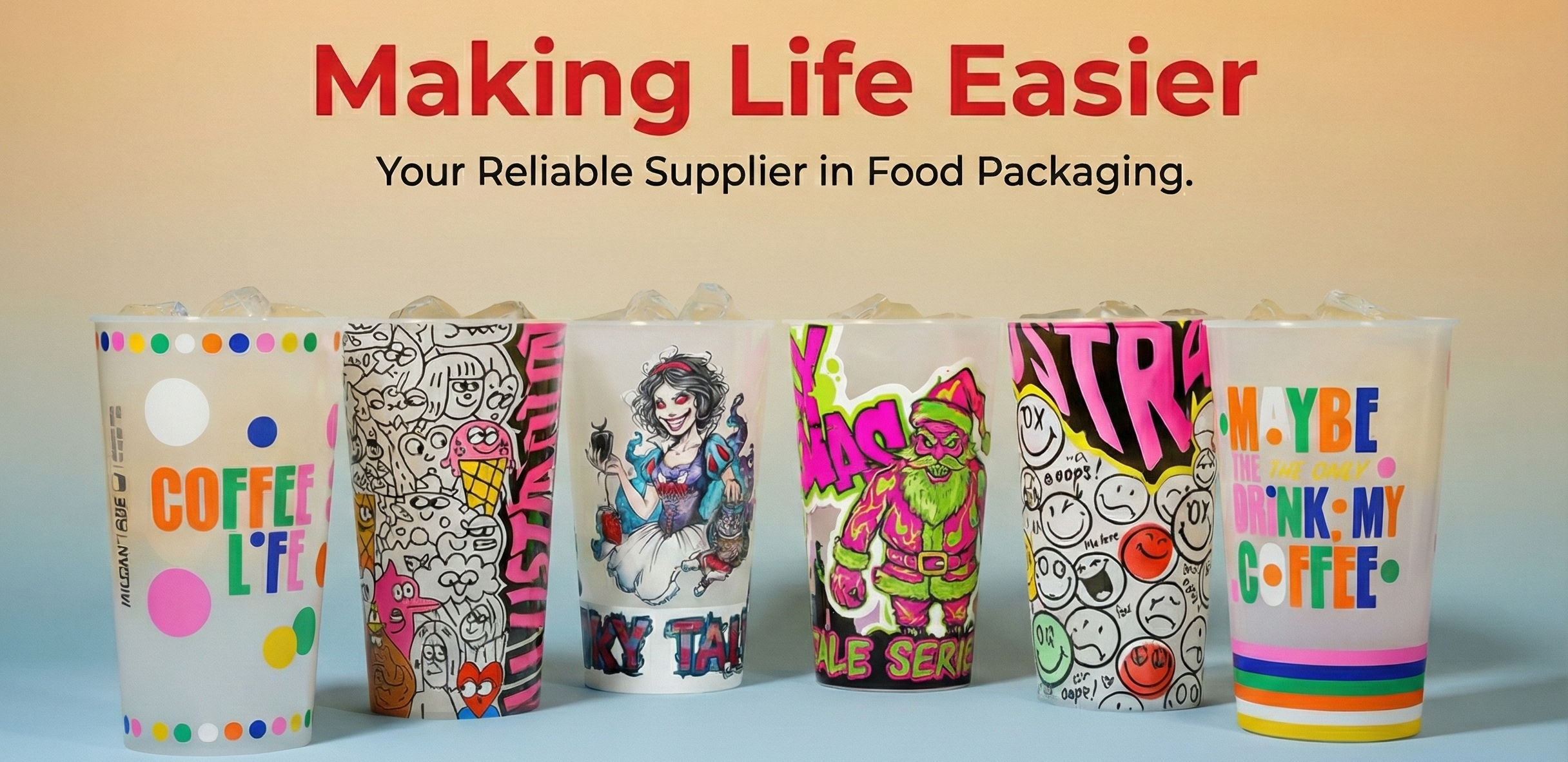 Colorful coffee cups with various designs on a blue surface, featuring 3H Corporation logo and text.