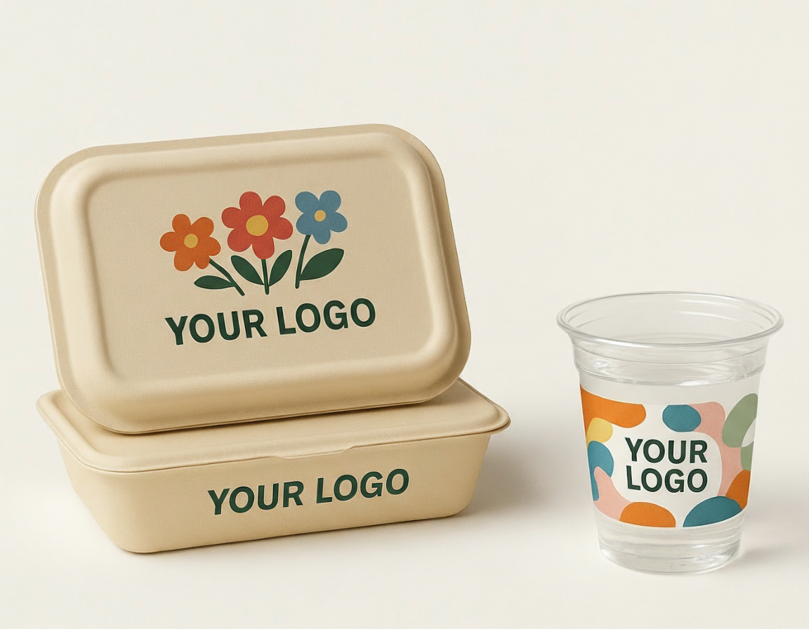 Beige containers and a clear cup with colorful floral design and 'Your Logo' text on a white background.