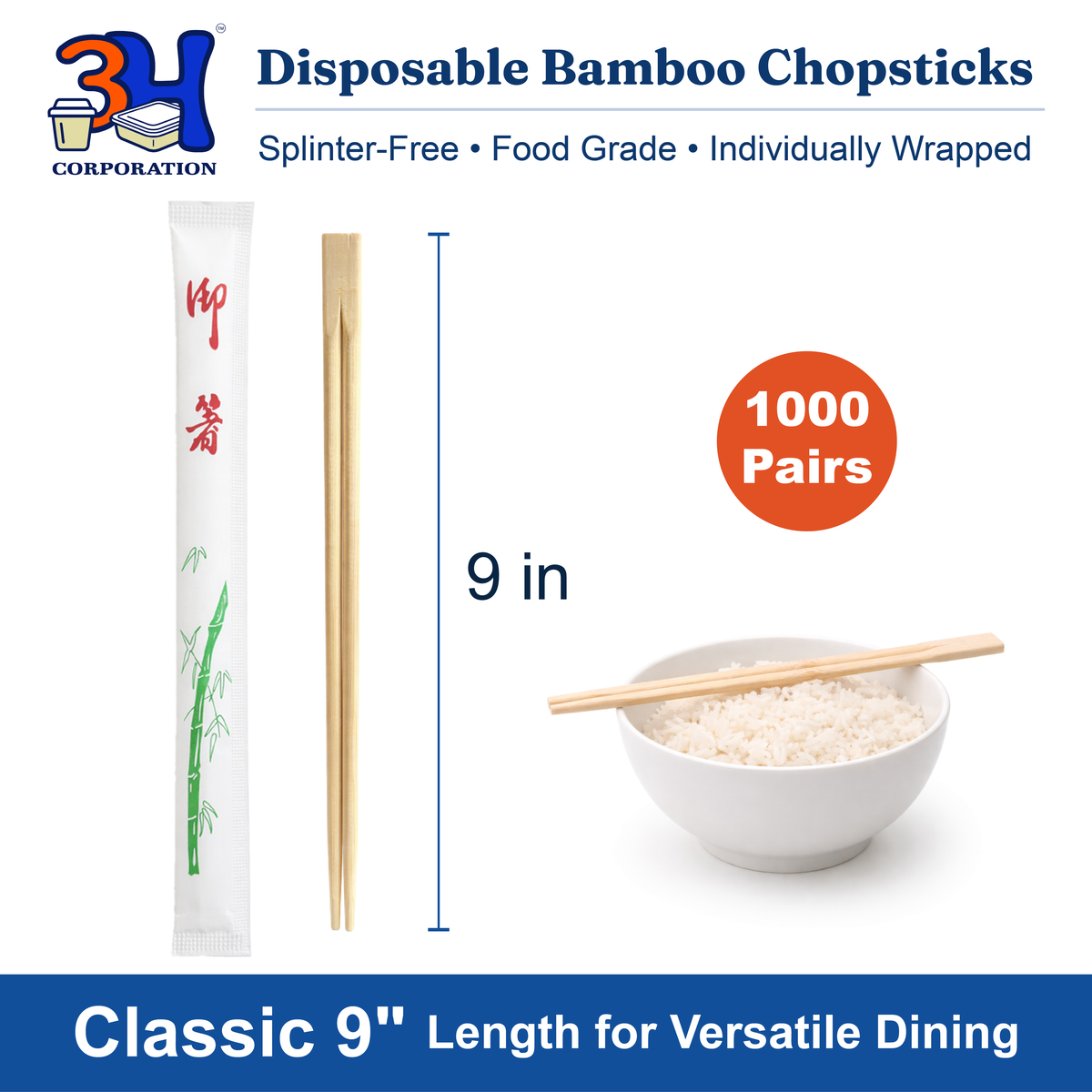 Disposable Bamboo Chopsticks (1000 Pairs) - 9'' Long, Individually Wrapped Japanese and Chinese Bamboo Chopsticks Bulk