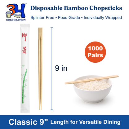 Disposable Bamboo Chopsticks (1000 Pairs) - 9'' Long, Individually Wrapped Japanese and Chinese Bamboo Chopsticks Bulk