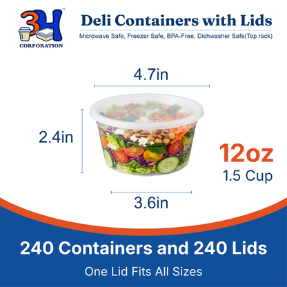 12oz Deli Containers with Lids (240 Sets, 480 Pics), Soup Cup with Lids