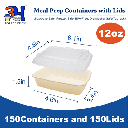 12 oz Meal Prep Containers with Lids, Natural Beige