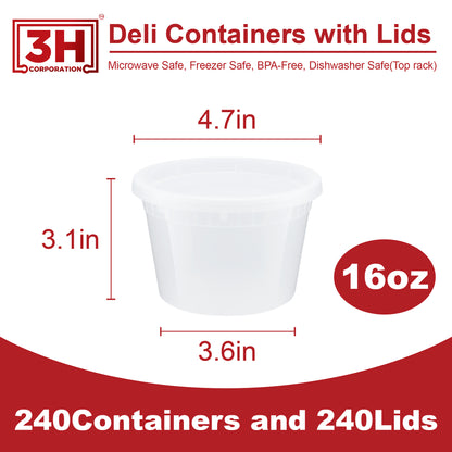 16 oz Deli Containers with Lids(240 Sets, 480 Pics), Soup Cups with Lids, Food Storage Containers
