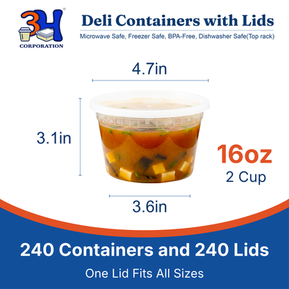 16 oz Deli Containers with Lids(240 Sets, 480 Pics), Soup Cups with Lids, Food Storage Containers