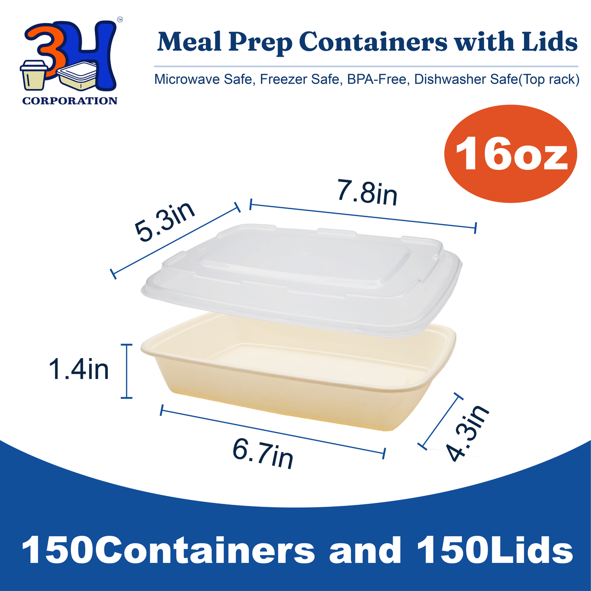 16 oz Meal Prep Containers with Lids(150 Sets, 300 Pieces), Natural Beige