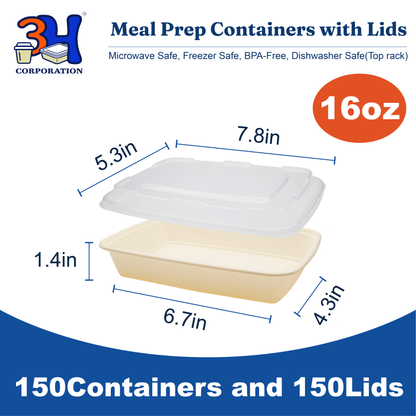 16 oz Meal Prep Containers with Lids(150 Sets, 300 Pieces), Natural Beige