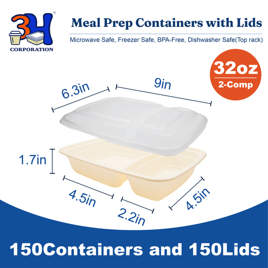 32 oz 2-Comp Meal Prep Containers with Lids, Natural Beige