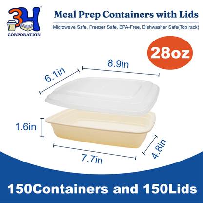 28 oz Meal Prep Containers with Lids(150 Sets, 300 Pieces), Natural Beige