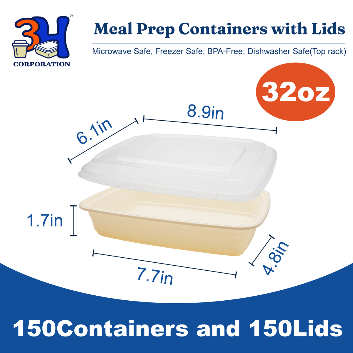 32 oz Meal Prep Containers with Lids (150 Sets, 300 Pics), Natural Beige