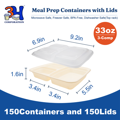 33 oz 3-Comp Meal Prep Containers with Lids (150 Sets, 300 Pics), Natural Beige