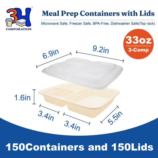 33 oz 3-Comp Meal Prep Containers with Lids (150 Sets, 300 Pics), Natural Beige
