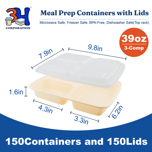 39oz 3-Comp Meal Prep Containers with Lids (150 Sets, 300 Pics), To-go Food Containers with Lids