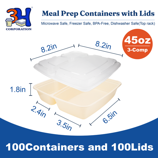 45oz 3-Comp Meal Prep Containers with Lids (100 Sets, 200 Pics), Natural Beige, Square