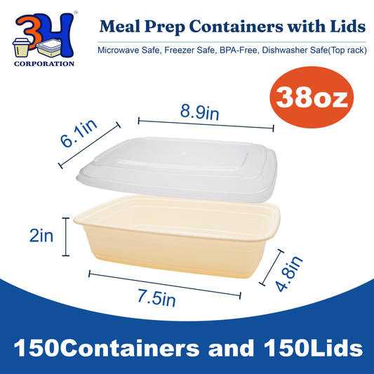 38 oz Meal Prep Containers with Lids (150 Sets, 300 Pics), Natural Beige