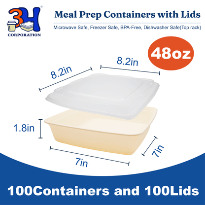48 oz Meal Prep Containers with Lids (100 Sets, 200 Pics), Natural Beige, Square