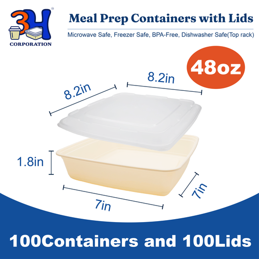 48 oz Meal Prep Containers with Lids (100 Sets, 200 Pics), Natural Beige, Square