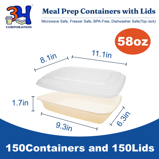 58oz Meal Prep Containers with Lids (150 Sets, 300 Pics), Natural Beige