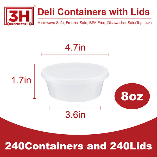 8 oz Deli Containers with Lids (240 Sets, 480 Pics), Soup Cups with Lids, Food Storage Containers with Lids