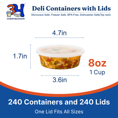 8 oz Deli Containers with Lids (240 Sets, 480 Pics), Soup Cups with Lids, Food Storage Containers with Lids