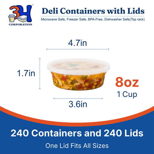 8 oz Deli Containers with Lids (240 Sets, 480 Pics), Soup Cups with Lids, Food Storage Containers with Lids
